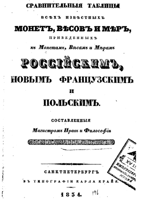 rus 1834 - Massaljskij Comparison of Russian Money Weight and other Measurements with other systems